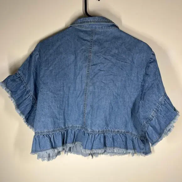 Allegra K Jacket Womens Large Top Layer Lt Wt Denim Cropped Ruffled Jean Frayed - Picture 7 of 12